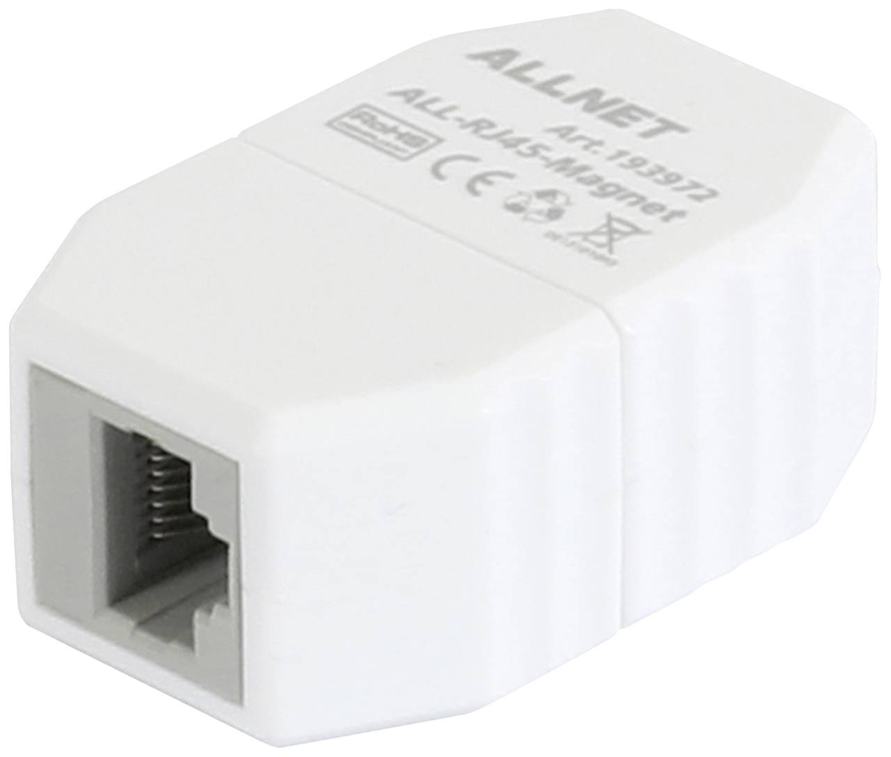 Nätverksadapter från ALLNET, modell ALL-RJ45Magnet, med RJ45-anslutning, vitt hölje.