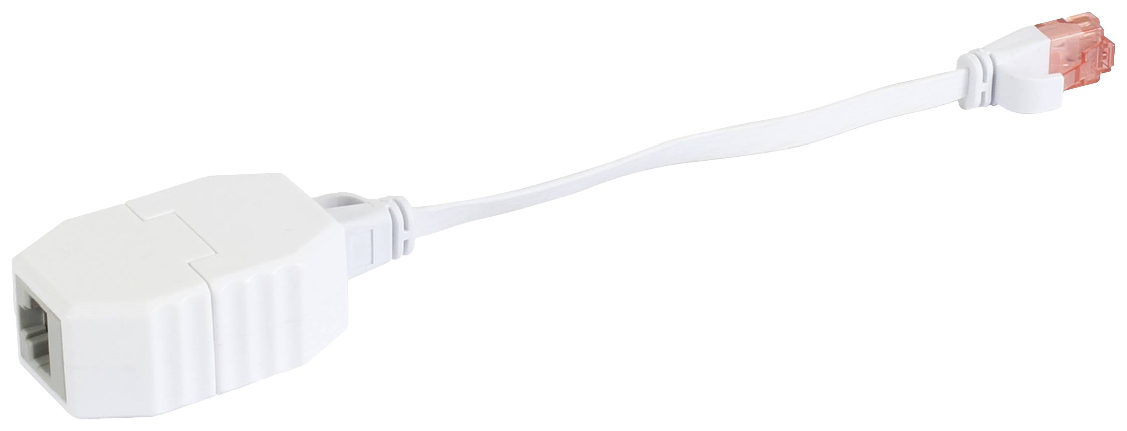 En vit Ethernet-adapter, RJ45-uttag till RJ45-kontakt, med kort kabel. Används för nätverksanslutning.