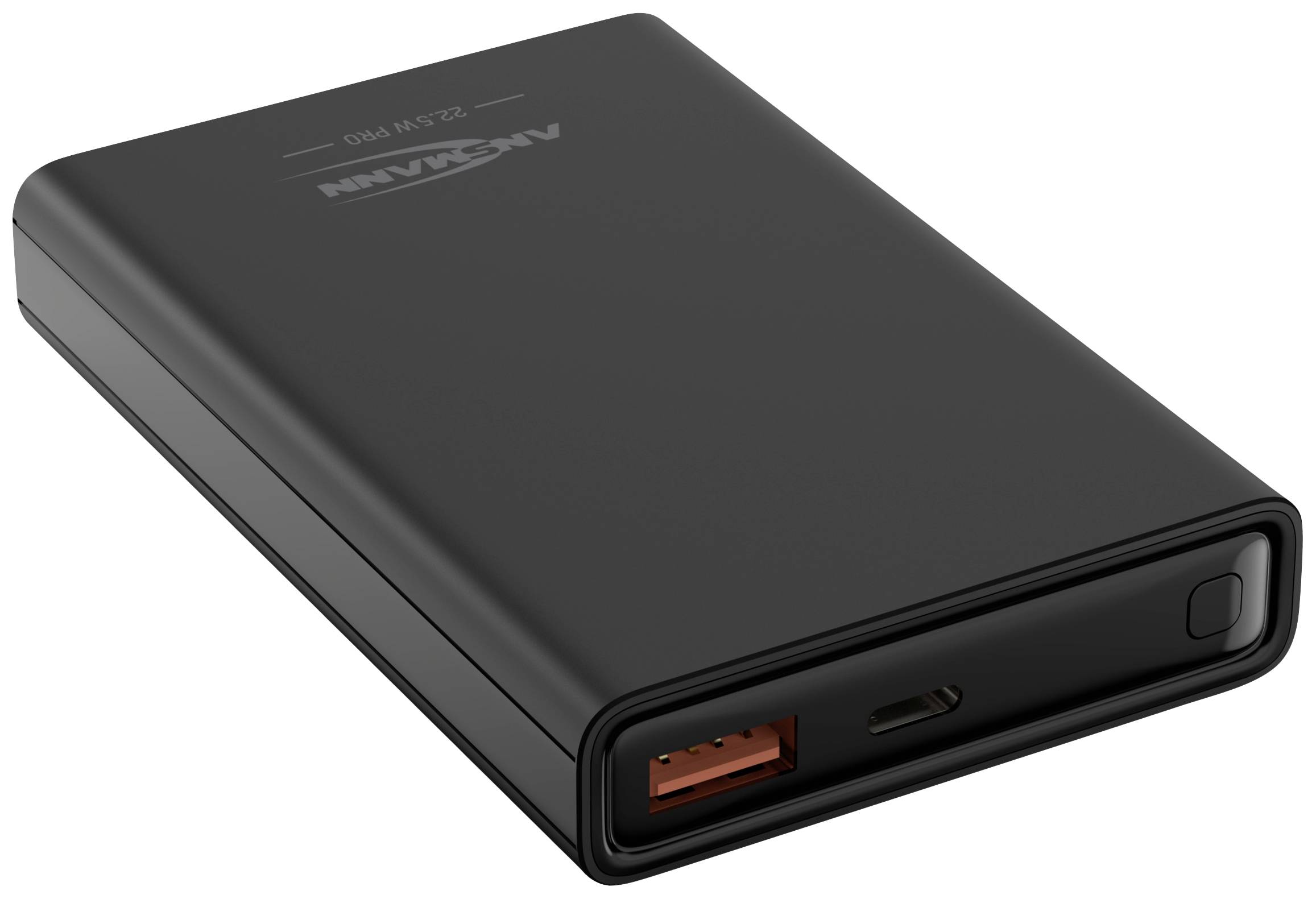 Extern svart powerbank med USB- och USB-C-anslutningar på framsidan. Rektangulär form, kompakt storlek.