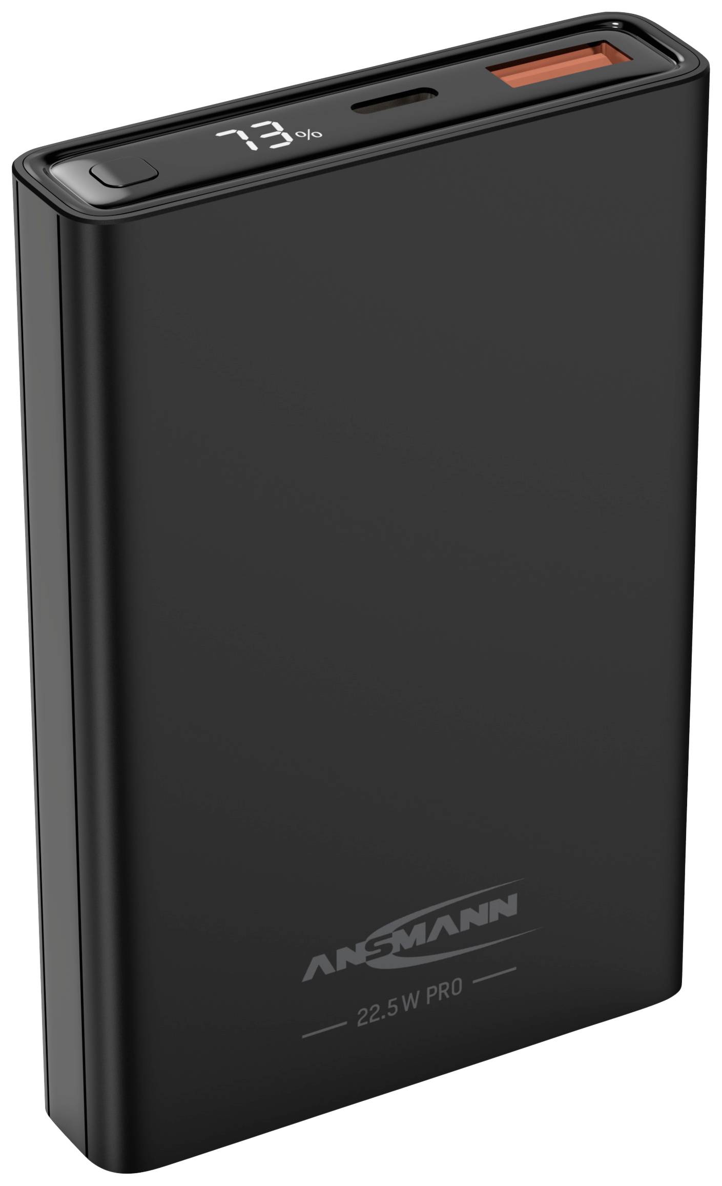 En svart powerbank med en laddningskapacitet på 22,5 W. Laddningsstatusen visas på en liten skärm med 73 %.