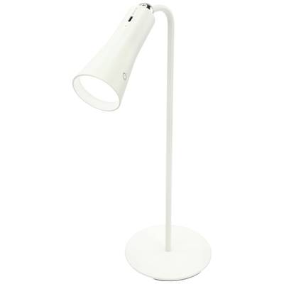 En smal, vit bordslampa med böjd hals och konformad skärm, lämplig för läsning eller arbete.