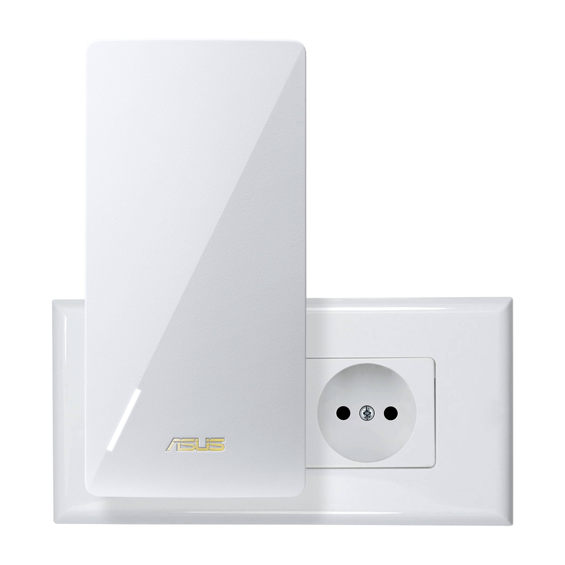 Vit vägguttag med anslutet, rektangulärt enheten. Enheten märkt med 'Asus'. Minimalistisk design.