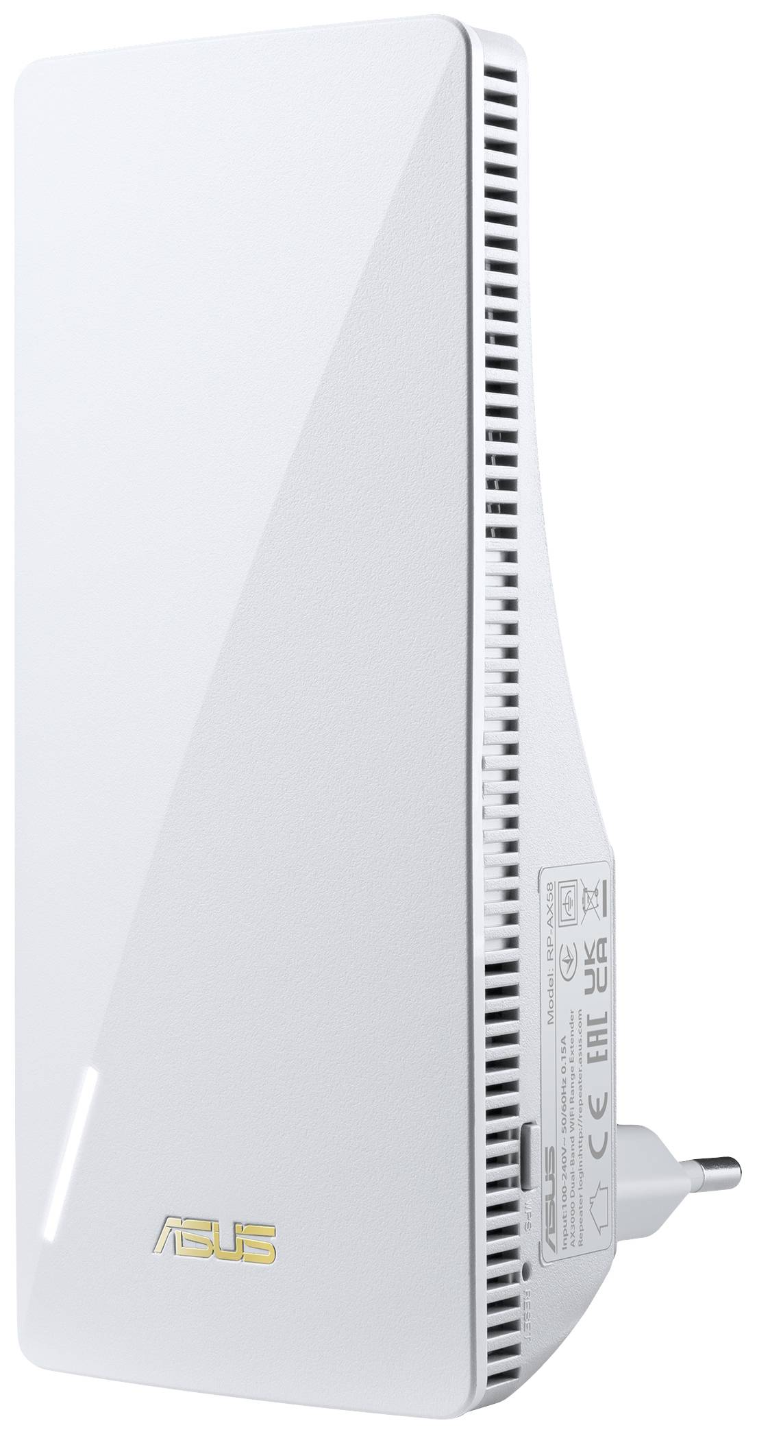 Vit ASUS WiFi-repeater för vägguttag, med ventilationsöppningar på sidan.