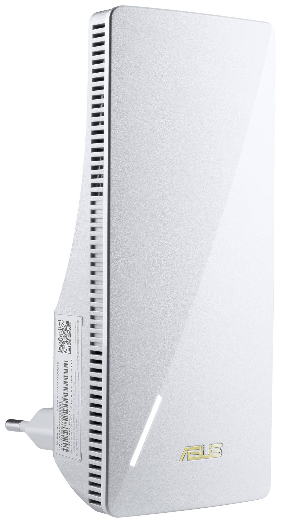 En vit WiFi-repeater med en sidoplacerad stickkontakt. Diskret formad design med ASUS-logotypen i guld.