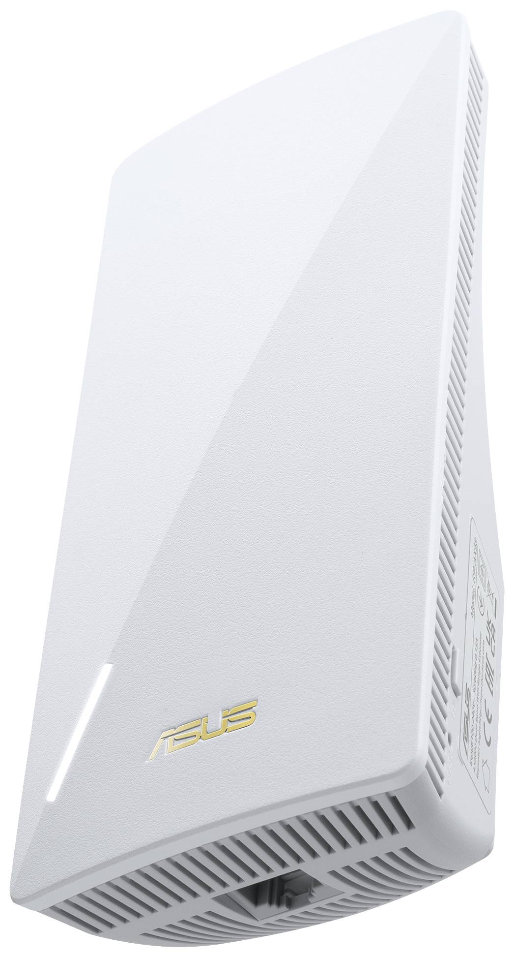En vit, trekantig WLAN-router med företagets logotyp på sidan. Enheten har ventilationsspår och en Ethernet-anslutning.