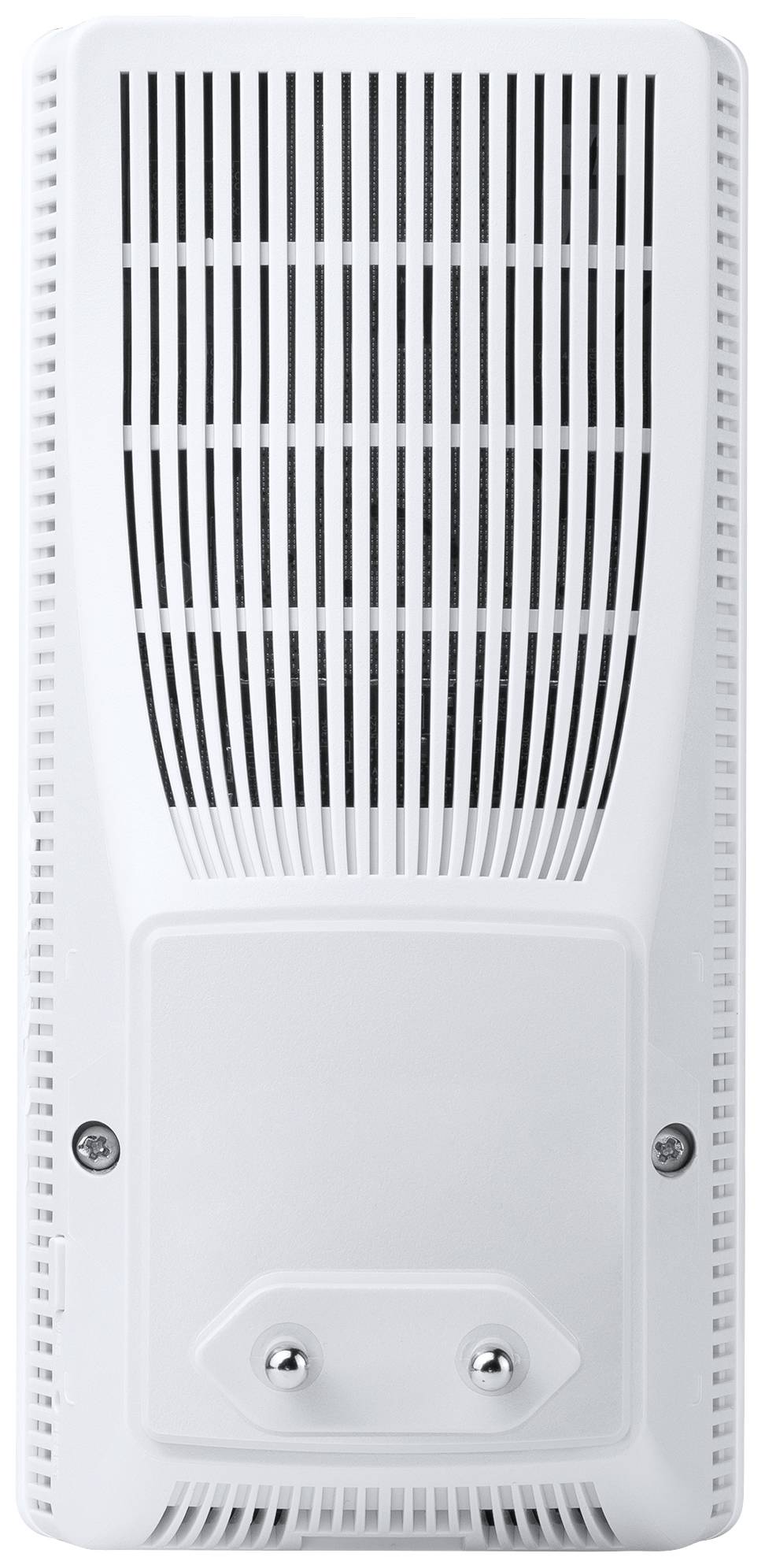 En vit elektrisk apparat med vertikala ventilationsspringor som monteras på en vägg.