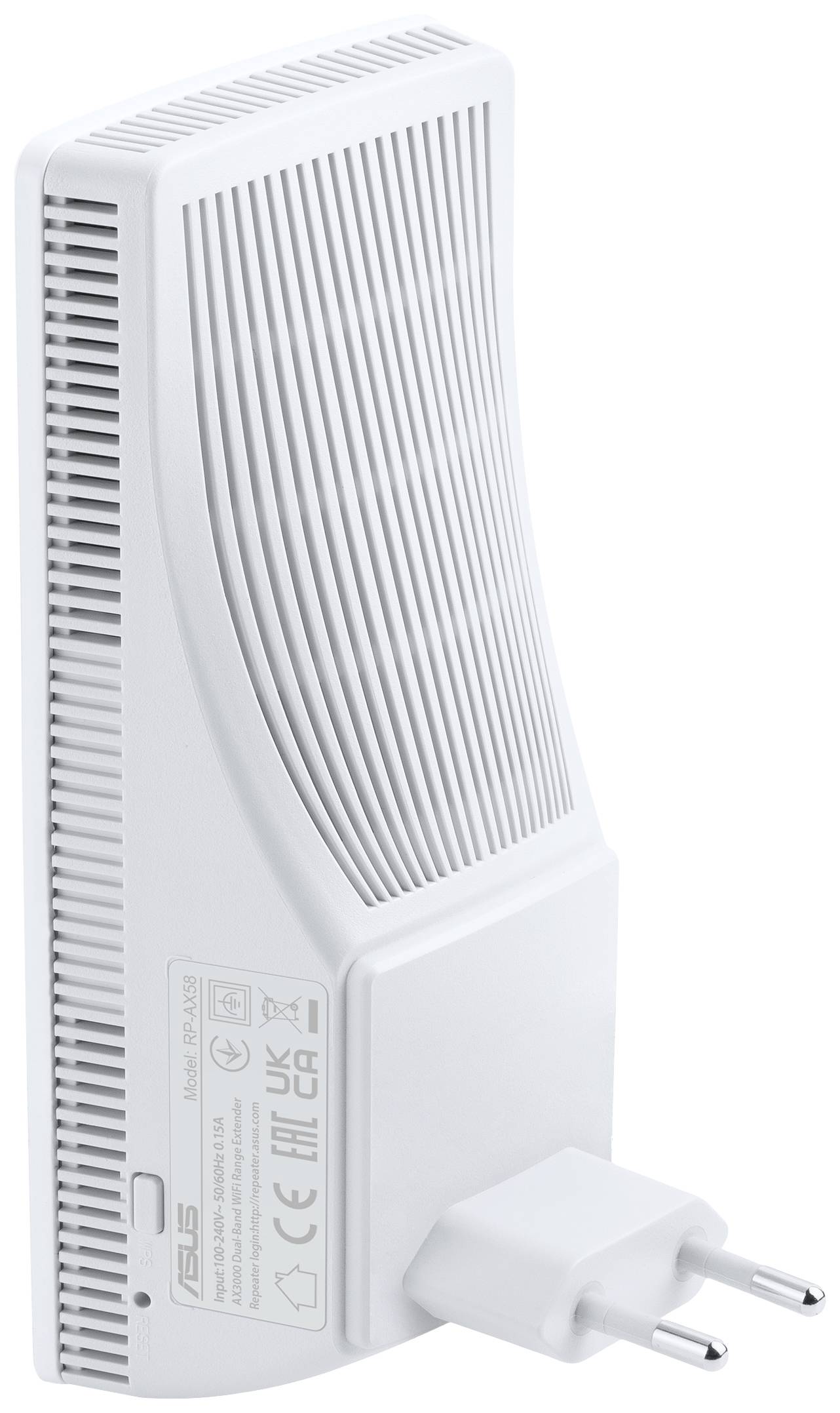 En vit WiFi-repeater med EU-kontakt, vertikalt placerad. Varumärkes- och certifieringsmärken syns på baksidan.