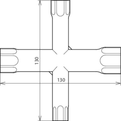 Teknisk ritning av ett korsningsstycke med symmetriska dimensioner på 130 mm i alla riktningar.