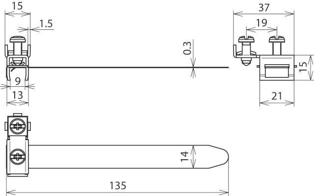 Teknisk ritning av en platt kabelbindare med dimensioner: 135 mm längd, 14 mm bredd; detaljerade vyer av fästelementen.
