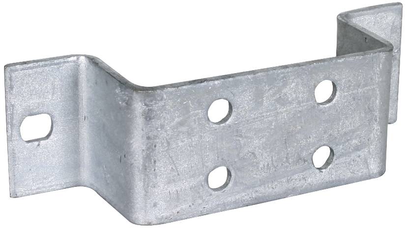 Metallvinkel av förzinkat stål med fyra hål för infästning. Används ofta i byggprojekt för stabilisering eller fastsättning.