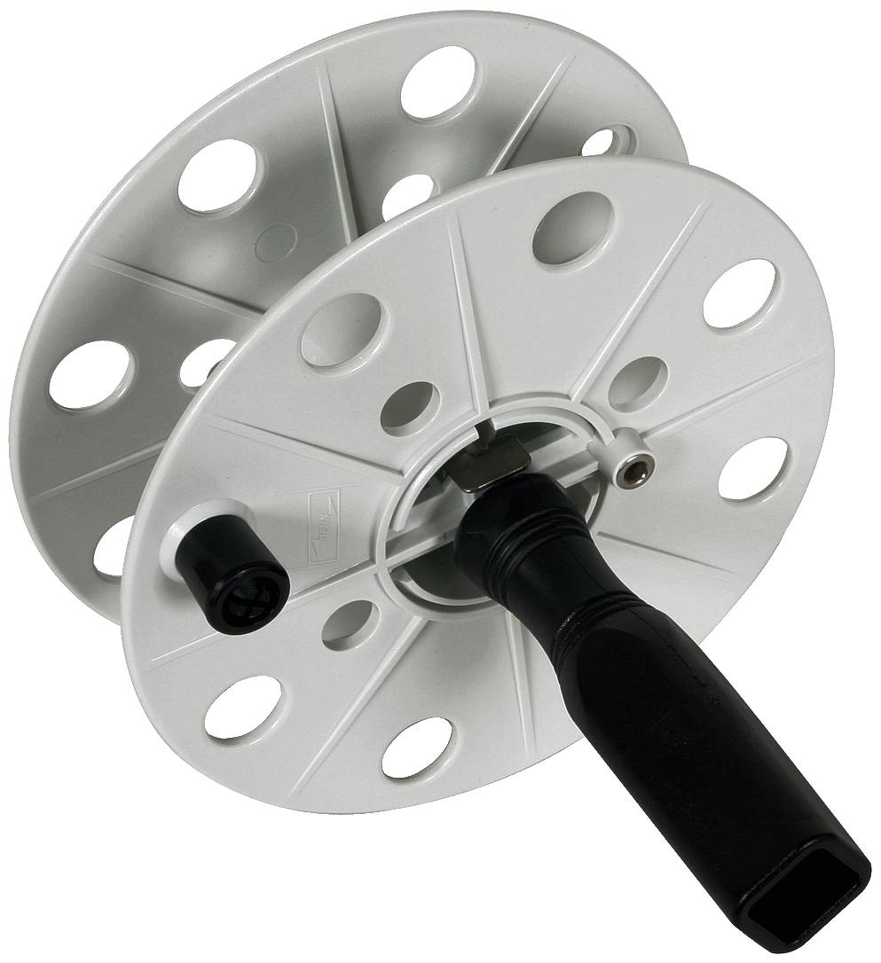 En silverfärgad dykspole med flera hål och svart handtag, avsedd för lindning av en lina, att användas vid dykning.