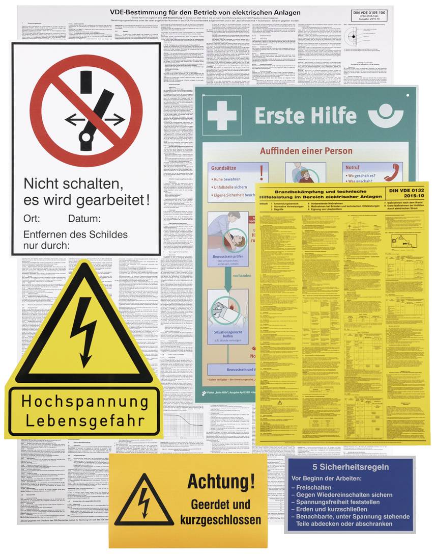 Olika säkerhets- och varningsskyltar för elektriska anläggningar, däribland 'Ej tillkoppling, arbete pågår!' och 'Högspänning Livsfara'.