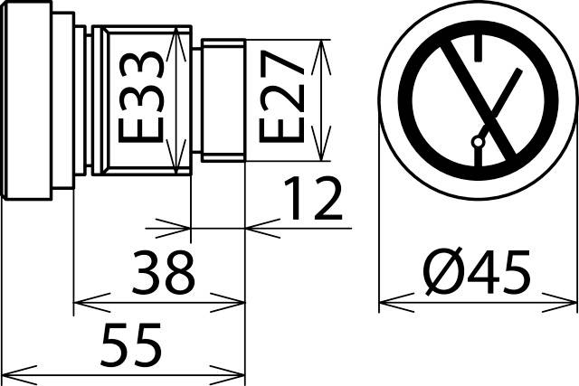 En teknisk ritning visar måtten för ett cylindriskt objekt. Diameter Ø45, total längd 55, sektioner E33 och E27.