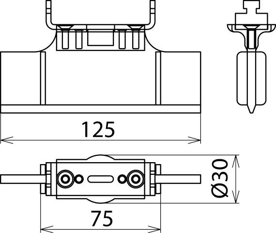 Konstruktionsritning för en mekanisk komponent med två mått: bredd 125 mm och diameter 30 mm, detaljvy ovanifrån och från sidan.