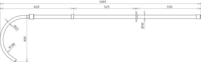 Teknisk ritning av en böjd metallstång med mått. Total bredd 1695 mm, stavdiameter 30 mm, böjningsradie 180 mm.