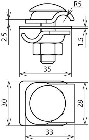 Teknisk ritning av ett förslutningselement med mått: Längdsnitt visar höjd 2,5 cm, bredd 35 mm. Tvärsnitt visar höjd 30 mm, bredd 33 mm.