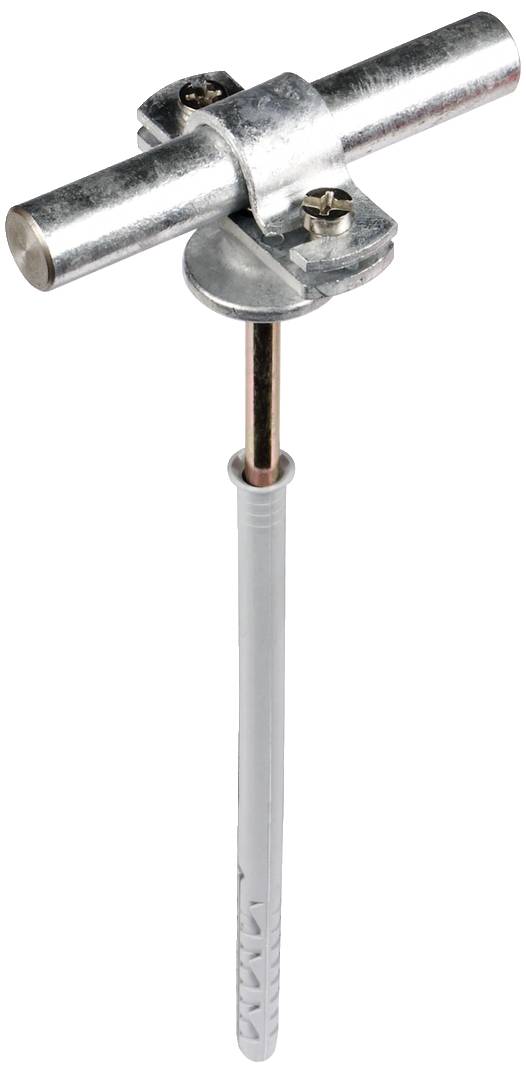 Metalliskt verktyg med T-formerat handtag och skruv, använt för infästning eller montering i byggnadsapplikationer.