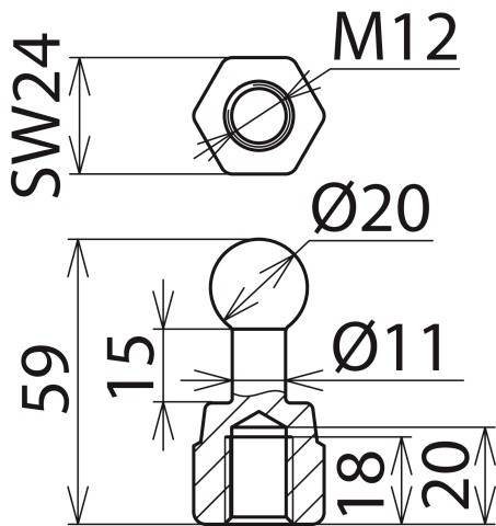 Teknisk ritning av en komponent med M12 sexkantmutter. Mått: SW24, Ø20, total höjd 59, detaljer 15, Ø11, 18, 20.