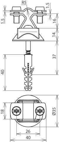 'Teknisk ritning av en väggfästklämma med dimensioner. Ovan: 1,5 x 4, 16 mm; Mitten: 37 mm; Nedanför: 18 x 26 x Ø35 mm.'