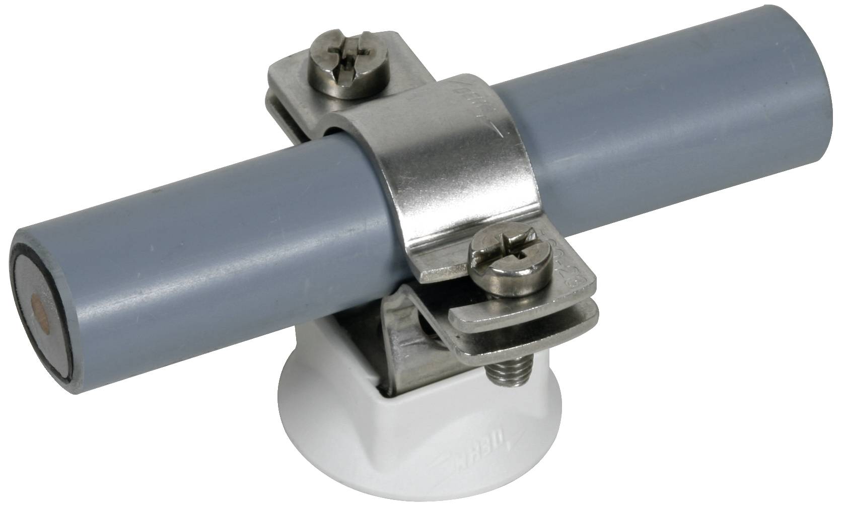 En grå cylinder är fäst med en metallklämma vid en vit bas.