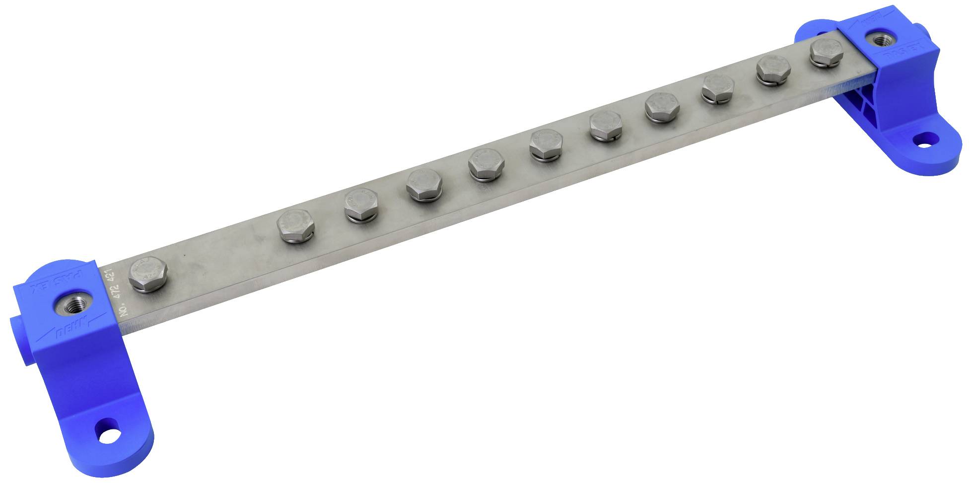 Metallskena med tio skruvar på ett blått plastfäste. Den används för fästning eller jordning i elektriska tillämpningar.