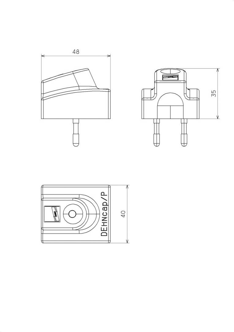 Teknisk ritning av en stickkontaktsadapter med dimensioner: höjd 35 mm, bredd 40 mm, djup 48 mm.