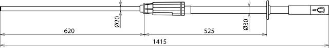 Teknisk ritning av en stång med längdangivelser: Total längd 1415 mm, sektioner 620 mm och 525 mm. Diameter 20 mm, 30 mm.