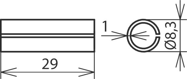 Teknisk ritning: Cylinder med diameter 8,3 mm, längd 29 mm. Vy ovanifrån och från sidan visad.