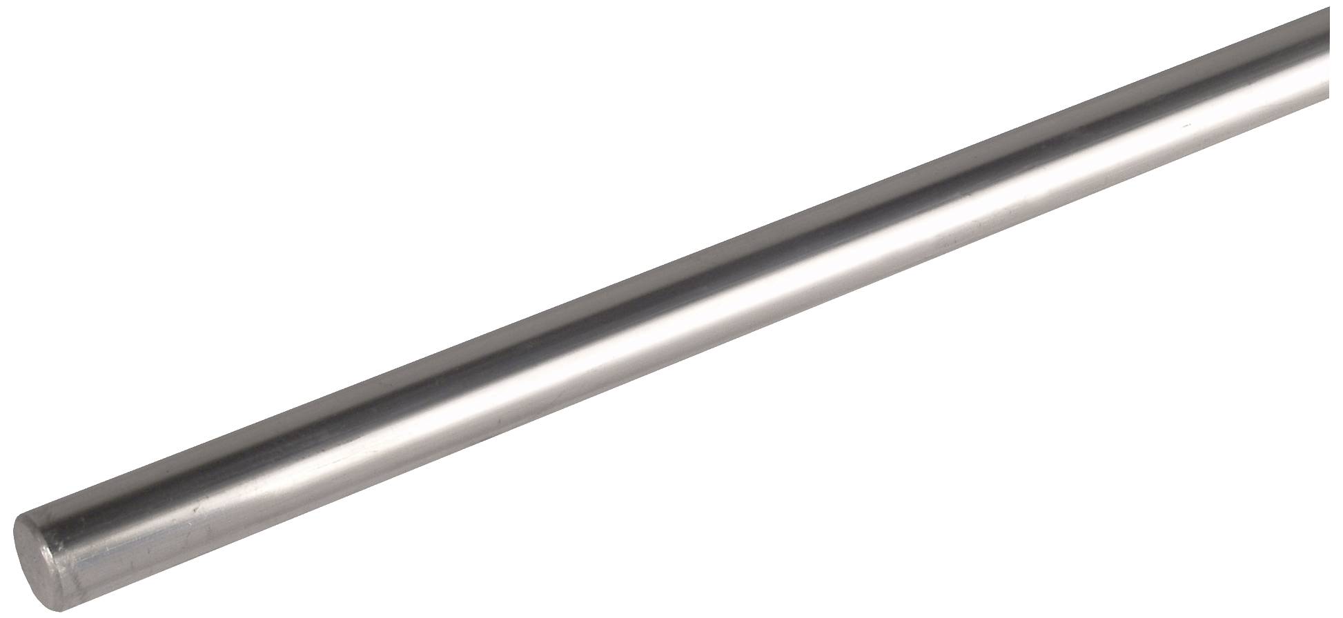 En lång, slät metallstång med cylindrisk form på vit bakgrund.
