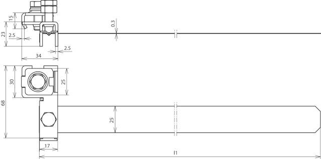 Teknisk ritning av en komponent med dimensioner. Ovanifrån visas en bredd på 34 mm, från sidan en höjd på 30 mm.