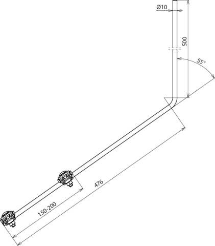Teknisk ritning av ett rör med mått: Diameter 10 mm, längd 476 mm, rät vinkel 55 grader, vertikal längd 500 mm.