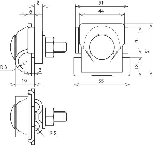 Teknisk ritning av ett lager med mått: Bredd 55 mm, höjd 51 mm, detaljvy visar skruvhuvud och kanter med radie-angivelser.