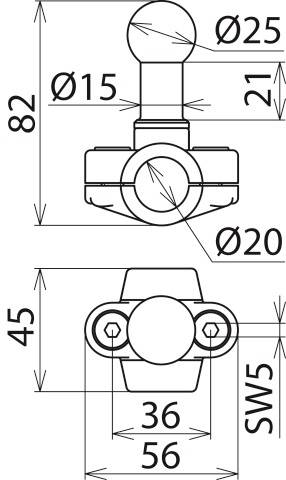 Teknisk ritning av en mekanisk komponent med dimensioner: Höjd 82, bredd 56, diameter 25, 20 och 15, nyckelvidd SW5.