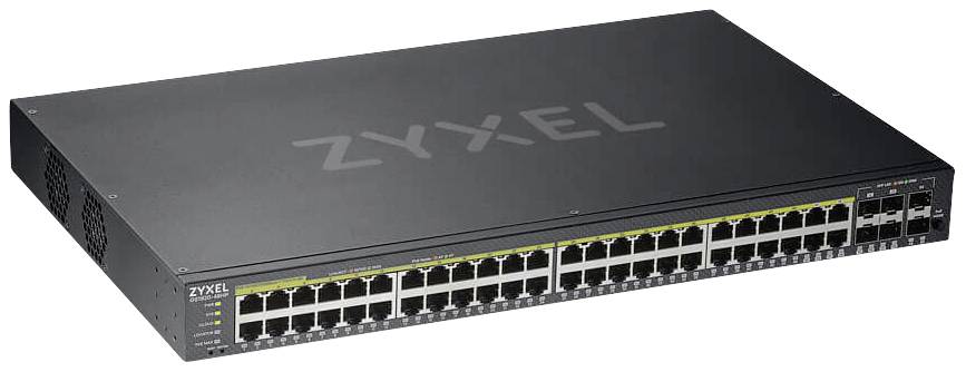 48-ports Gigabit-nätverksswitch från Zyxel med 4 extra SFP-portar för utökad anslutning i ett svart hölje.
