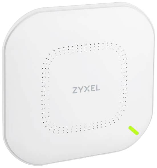 Fyrkantigt vitt WLAN-accesspunkt från Zyxel med avrundade hörn och grön LED-indikator i nedre hörnet.