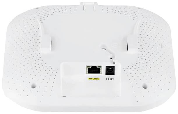 En vit, rektangulär WiFi-router med platt design och två anslutningar på baksidan, märkta med 'UPLINK' och 'DC 12V'.