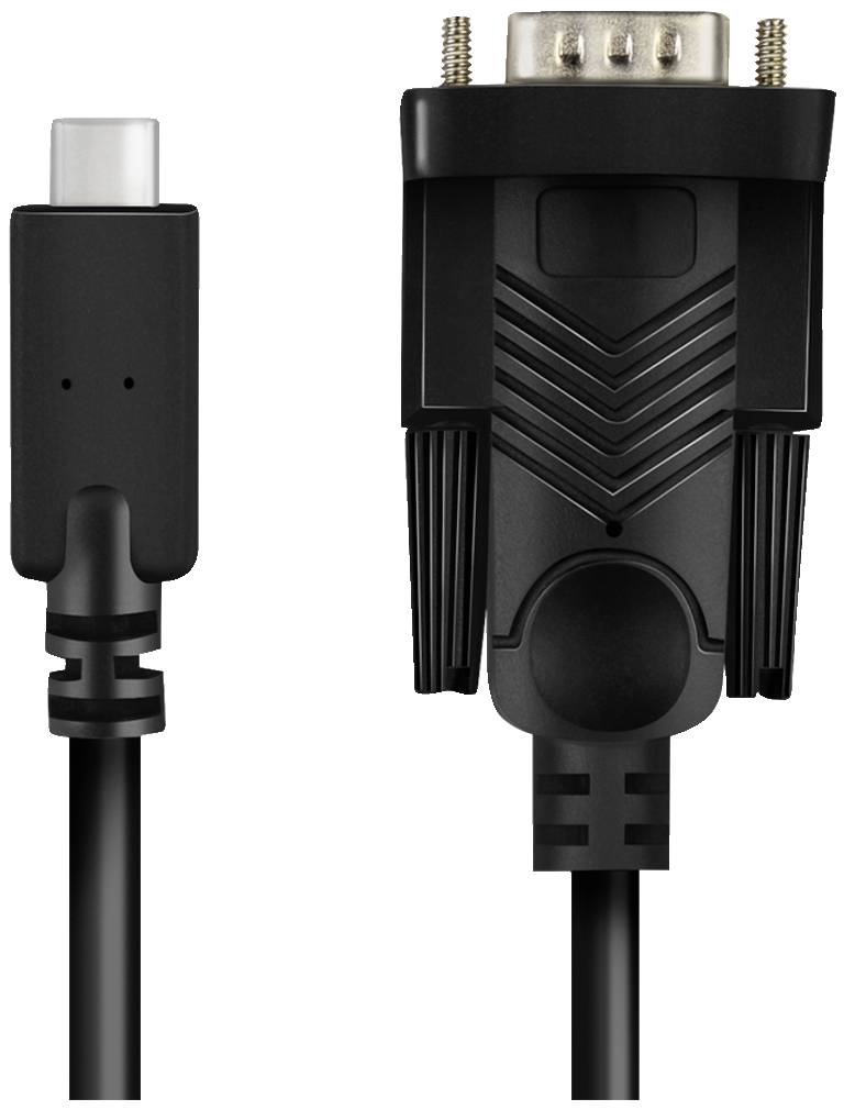 USB-C till VGA-kabel: Till vänster finns USB-C-kontakten, till höger VGA-kontakten. Anslutning mellan moderna enheter och äldre bildskärmar.
