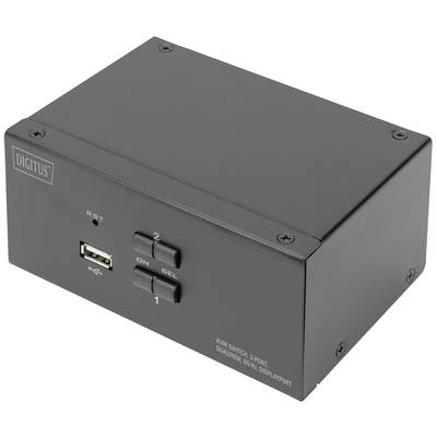 En svart KVM-switch med två USB-portar och flera knappar för styrning. Varumärket 'Digitus' synligt.