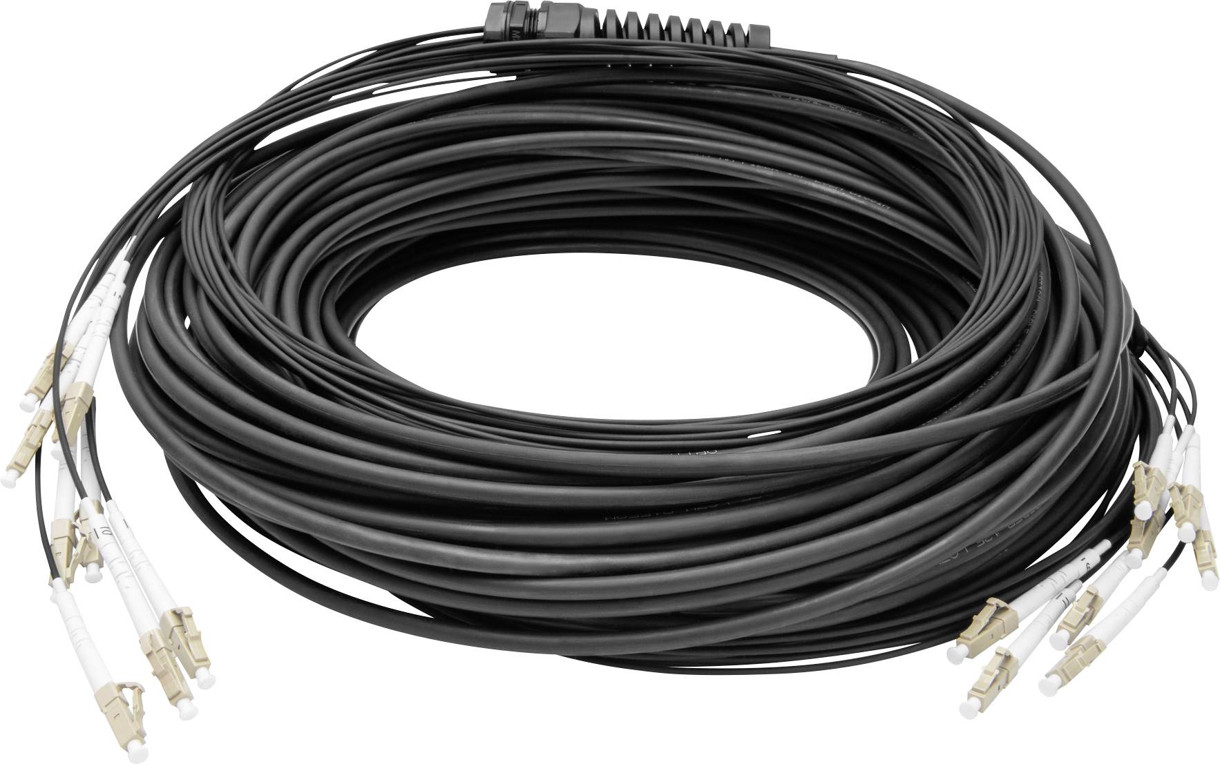 En rulle med svart kabel, där guldfärgade kontakter är fästa i ändarna.