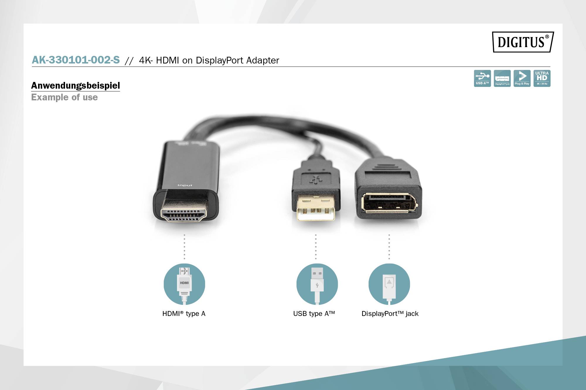4K-HDMI till DisplayPort-adapter visar adapterkabel med HDMI-, USB-A- och DisplayPort-anslutningar, stöder 4K/30 Hz, Plug & Play.