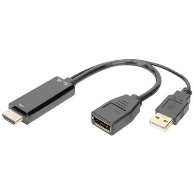 En svart adapterkabel med HDMI-kontakt till DisplayPort-uttag och USB-anslutning för signalkonvertering mellan enheter.