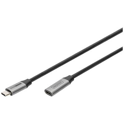 USB-C-kabel med silverfärgade kontakter, en som kontakt och den andra som uttag. Långt svart kabel däremellan.