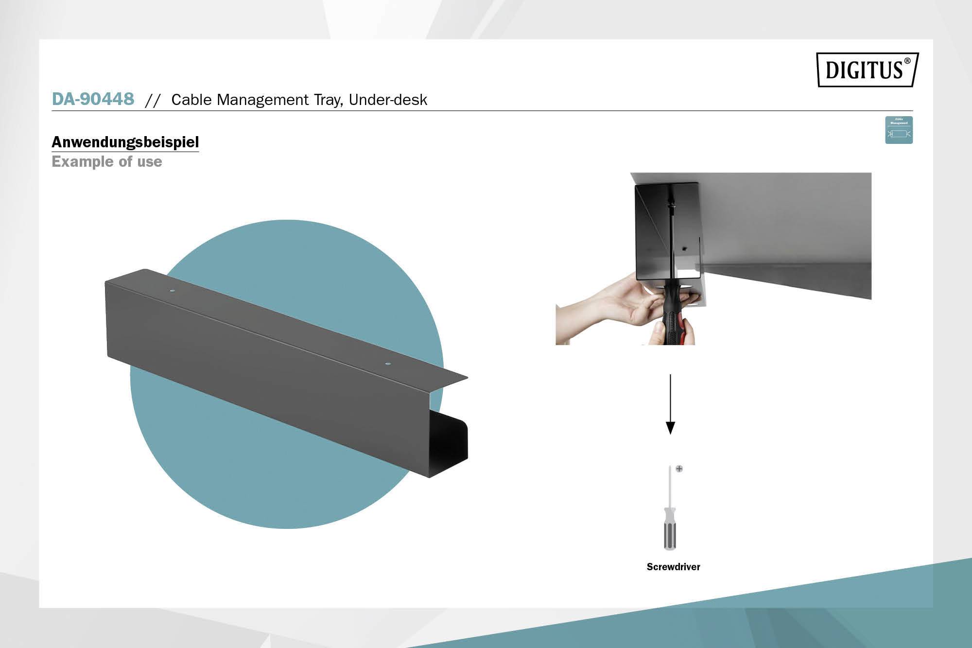 Kabelhanteringsenheten monteras under ett skrivbord. En skruvmejsel används för att fästa den.
