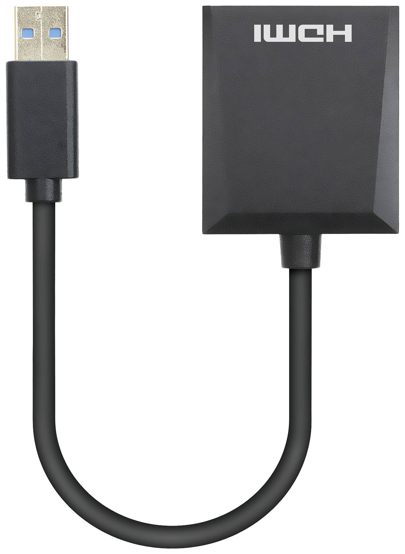 USB-till-HDMI-adapter med svart kabel och kontakter för att ansluta HDMI-enheter till USB.