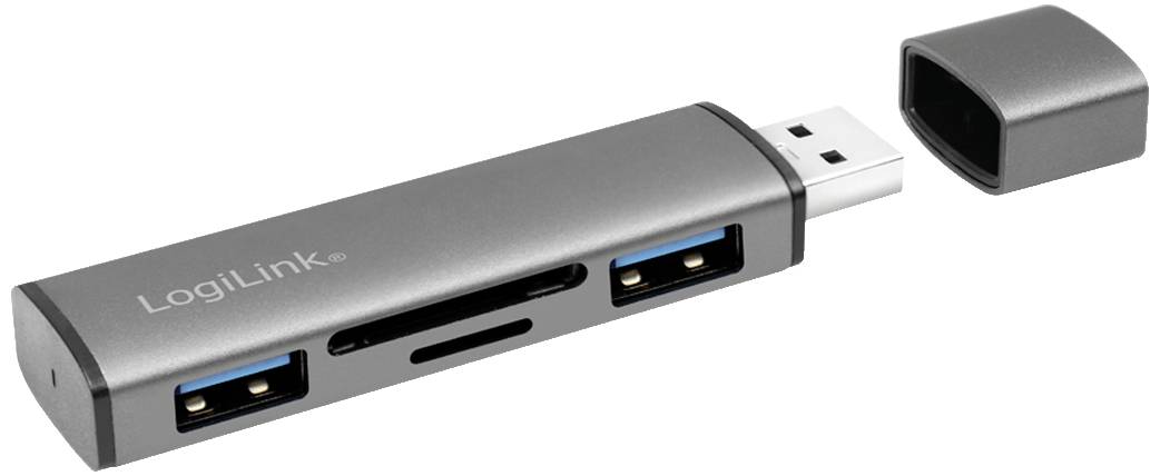 USB-hubb från LogiLink med flera anslutningar, däribland två USB-portar och platser för minneskort. Bredvid hubben ligger locket.
