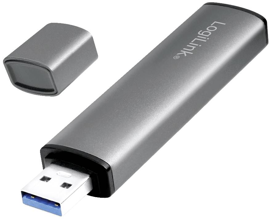 En silverfärgad USB-sticka med avtagbart lock. Den har en USB 3.0-anslutning och visar ett varumärkeslogotyp på ovansidan.