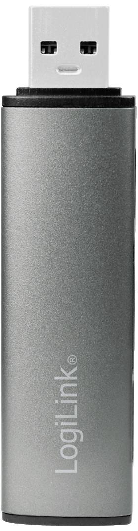 En silverfärgad USB-sticka från LogiLink, placerad vertikalt. Huvudsakligen avsedd för datalagring och dataöverföring.