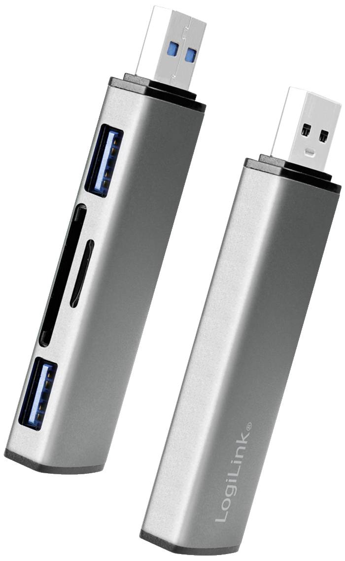 Två silverfärgade USB-minnen från LogiLink med flera anslutningsalternativ, inklusive USB- och SD-kortplatser.