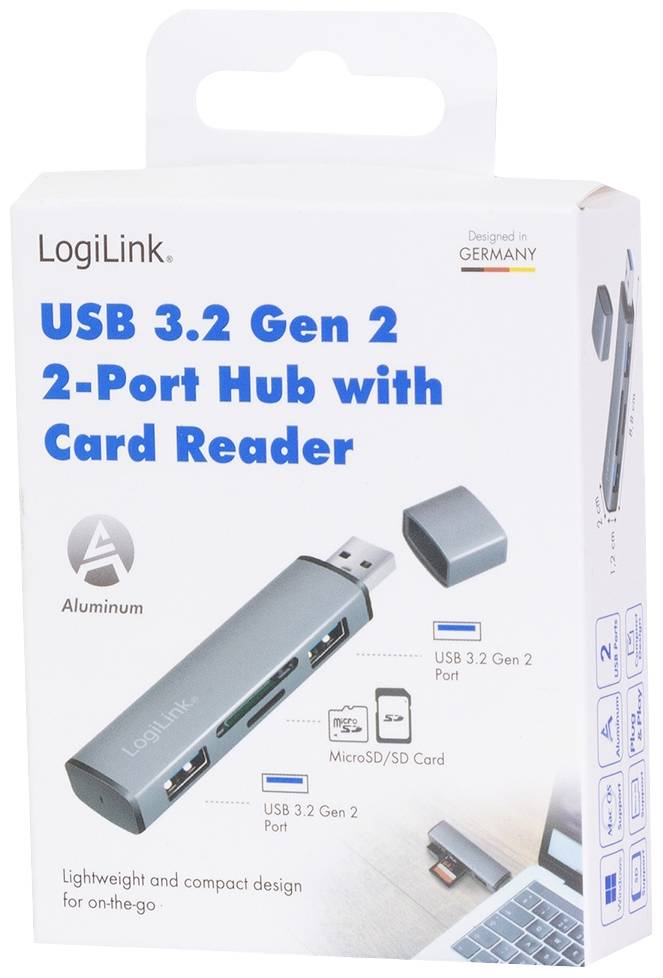 Högkvalitativ USB 3.2 Gen 2-hubb med 2 portar och kortläsare för mobil, kompakt design. Lämpad för MicroSD/SD-kort.