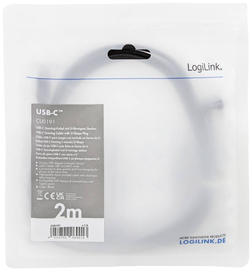 USB-C-kabel i förpackning, LogiLink-logotyp, längd 2 m.